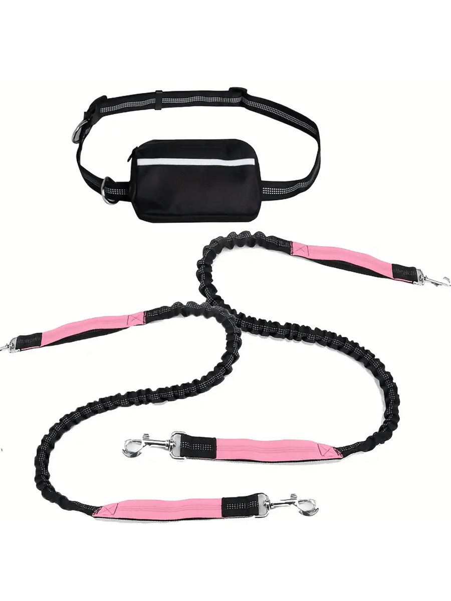 Extendable Dual-Leash Pet Dog Lead, Reflective Sports Waist Pack Leash, Adjustable Waistband, Outdoor Training Running Dog Harness