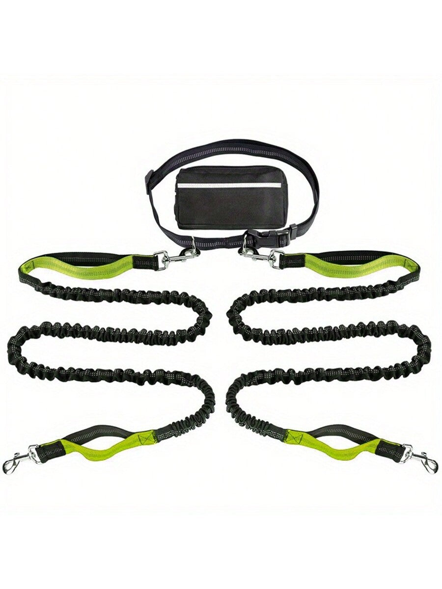 Extendable Dual-Leash Pet Dog Lead, Reflective Sports Waist Pack Leash, Adjustable Waistband, Outdoor Training Running Dog Harness