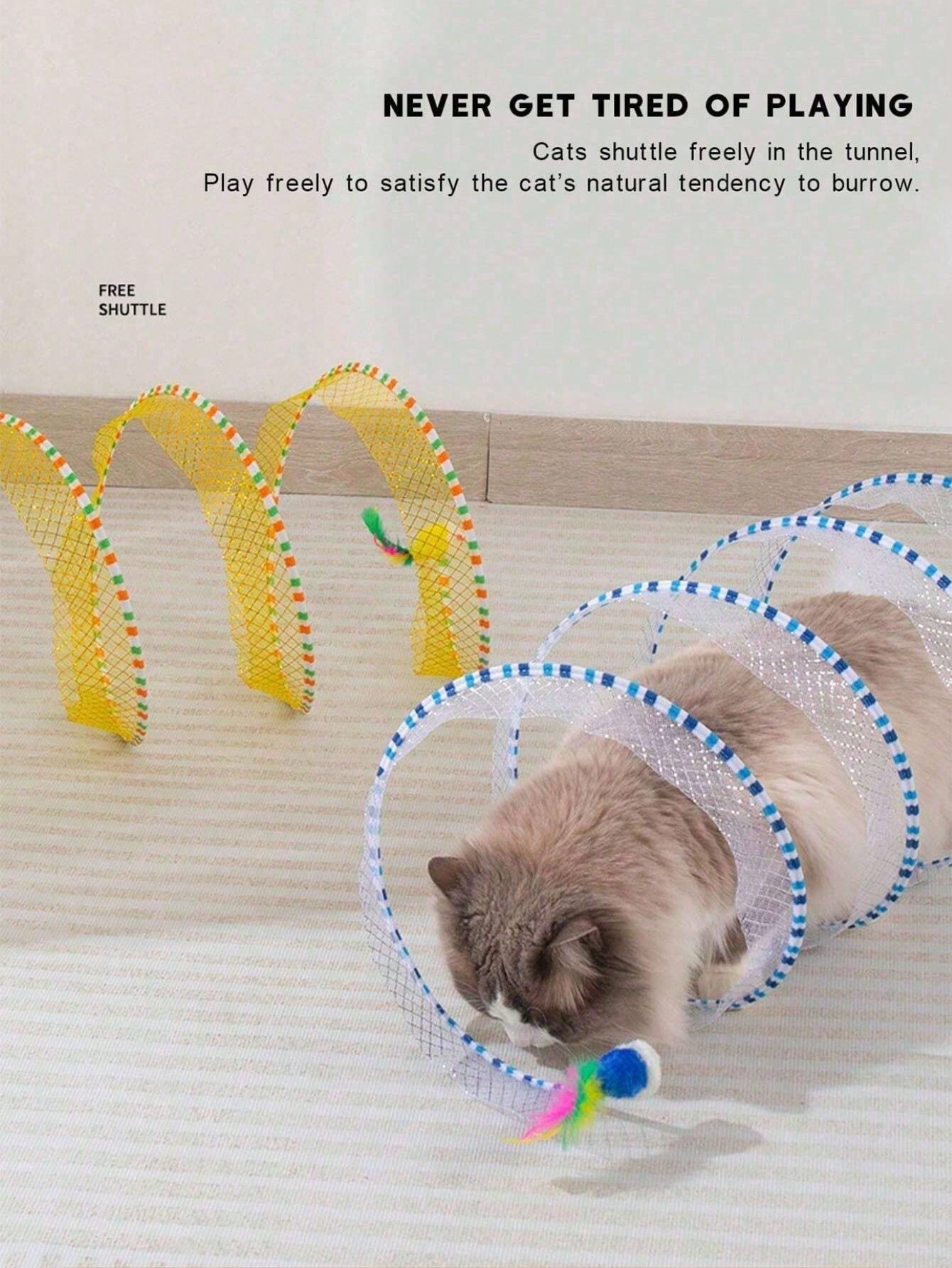 Pack Of 1 / Pack Of 2 - S-Shape Cat Tunnel Toy, Wire Mesh & Gauze Patchwork Design, Foldable With Sound Effect, Suitable For Indoor Family Entertainment & Stress Relief