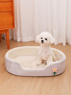 1pc Thick Soft Oval Pet Bed With Flower Decor, Comfortable Non-Slip Waterproof Oval Pet Bed Suitable For Medium/Small Cats & Dogs