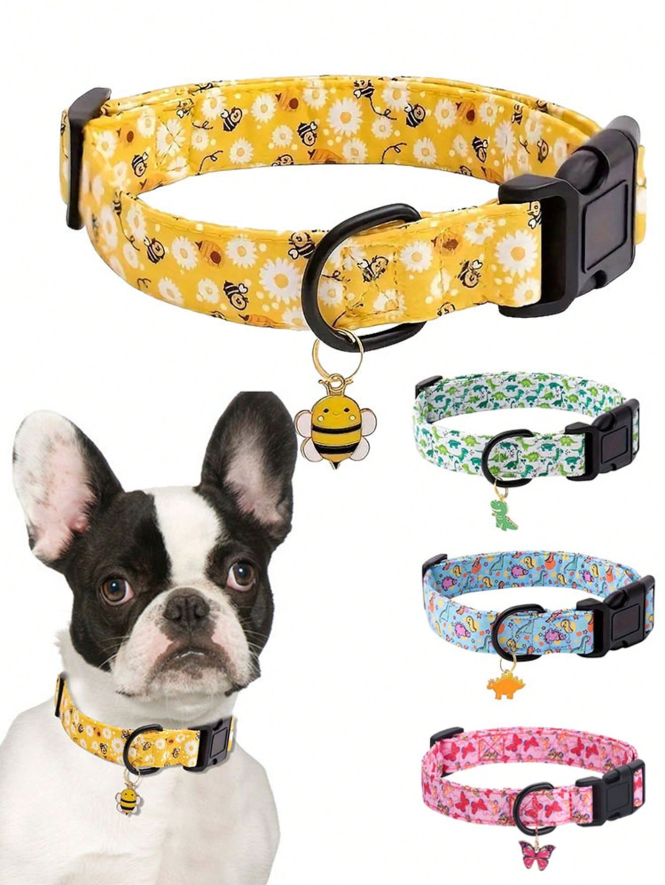 1pc Pet Collar With Animal/Dinosaur Prints And Pendants, Adjustable Twill Fabric Collar For Dogs And Cats.