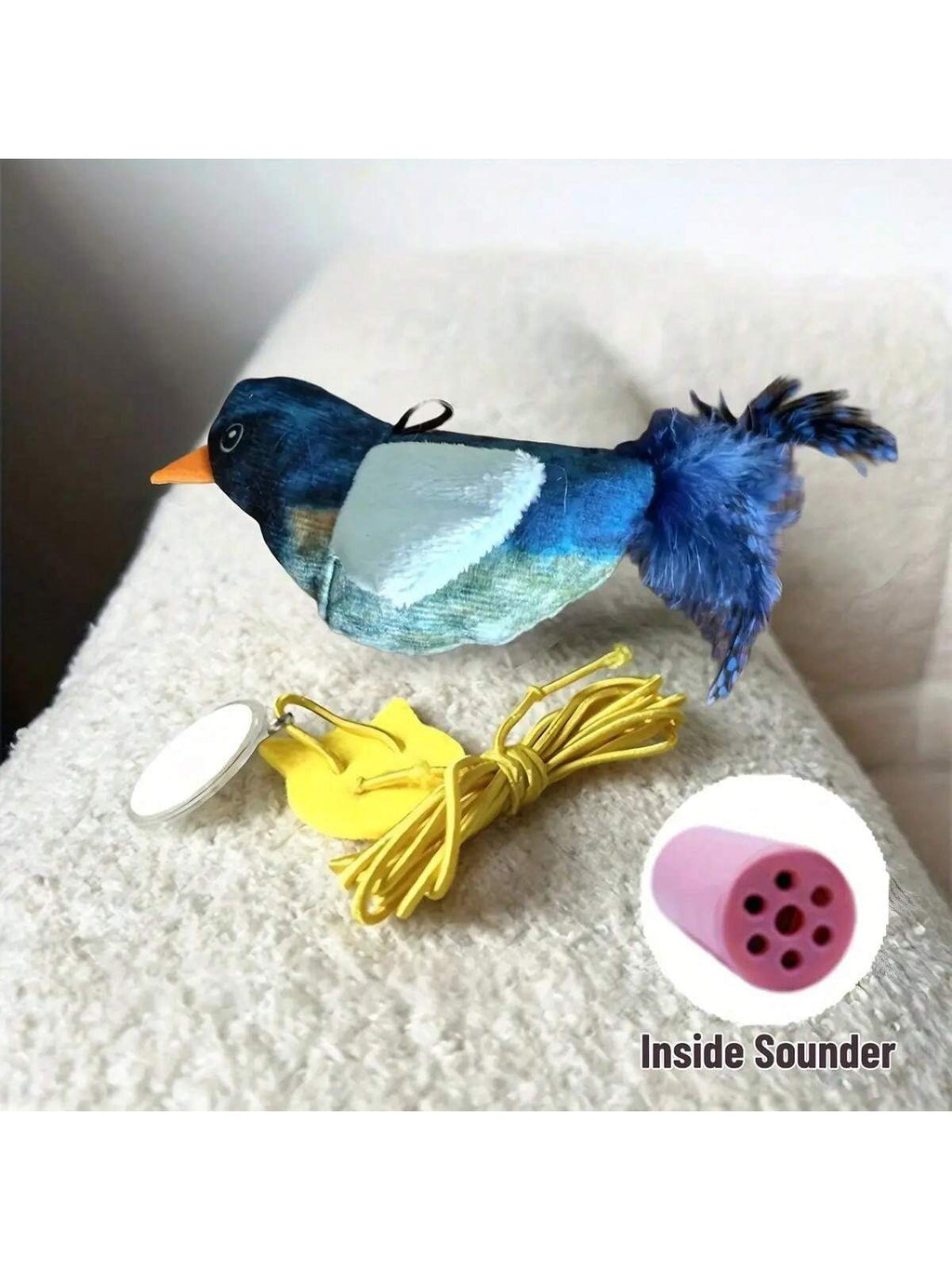 1pc Interactive Cat Toy With Realistic Bird Sounds - No Battery Required, Hanging And Detachable Plaything - Made Of Synthetic Polyester Feathers, Bird Sound Simulation Wand Accessory Suitable For All Cat Breeds