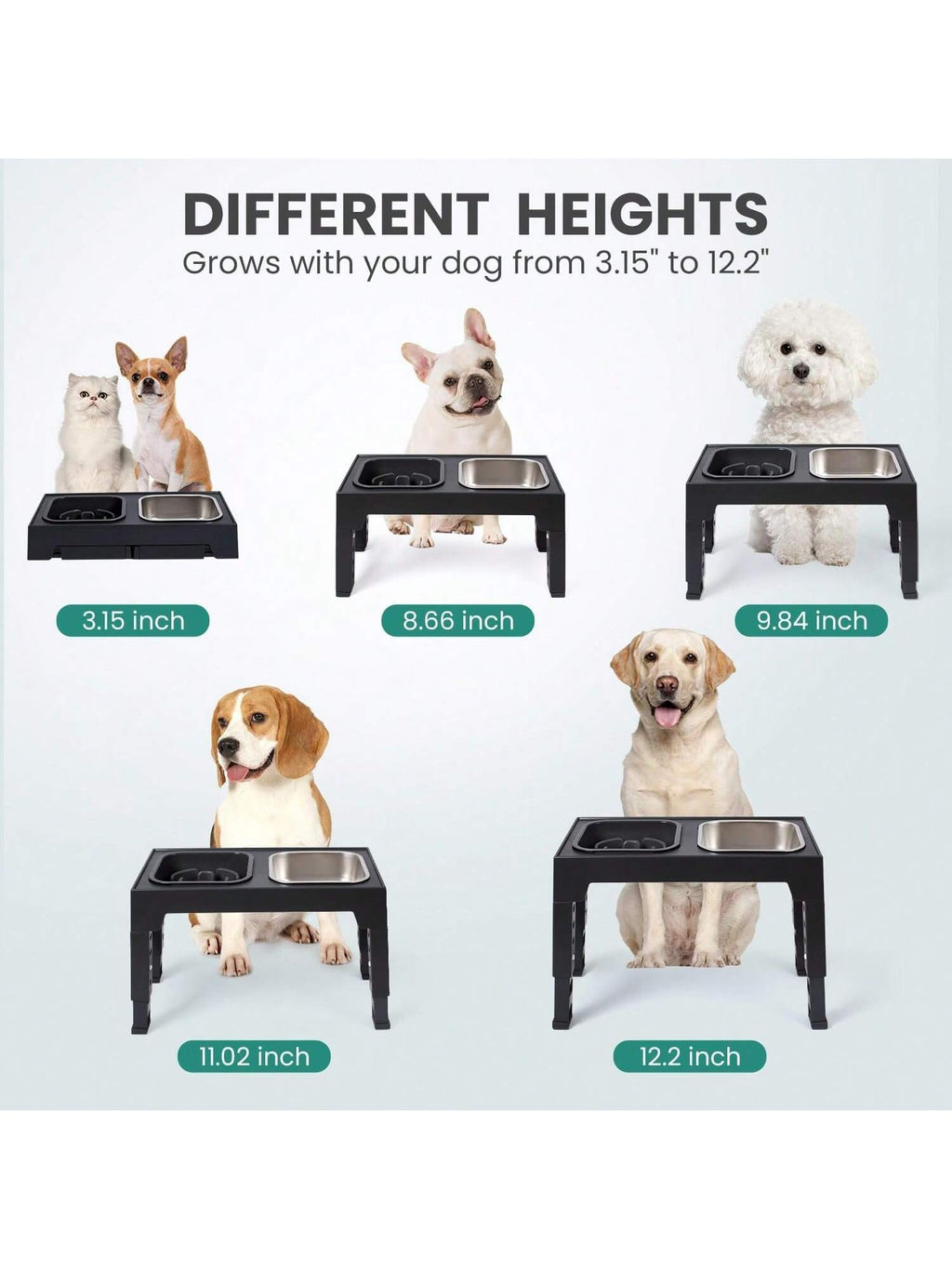 Niubya Elevated Dog Bowls With 2 Stainless Steel Dog Food Bowls, Raised Dog Bowl Adjusts To 5 Heights (3.15", 8.66", 9.84",11.02", 12.2") For Small Medium And Large Dogs