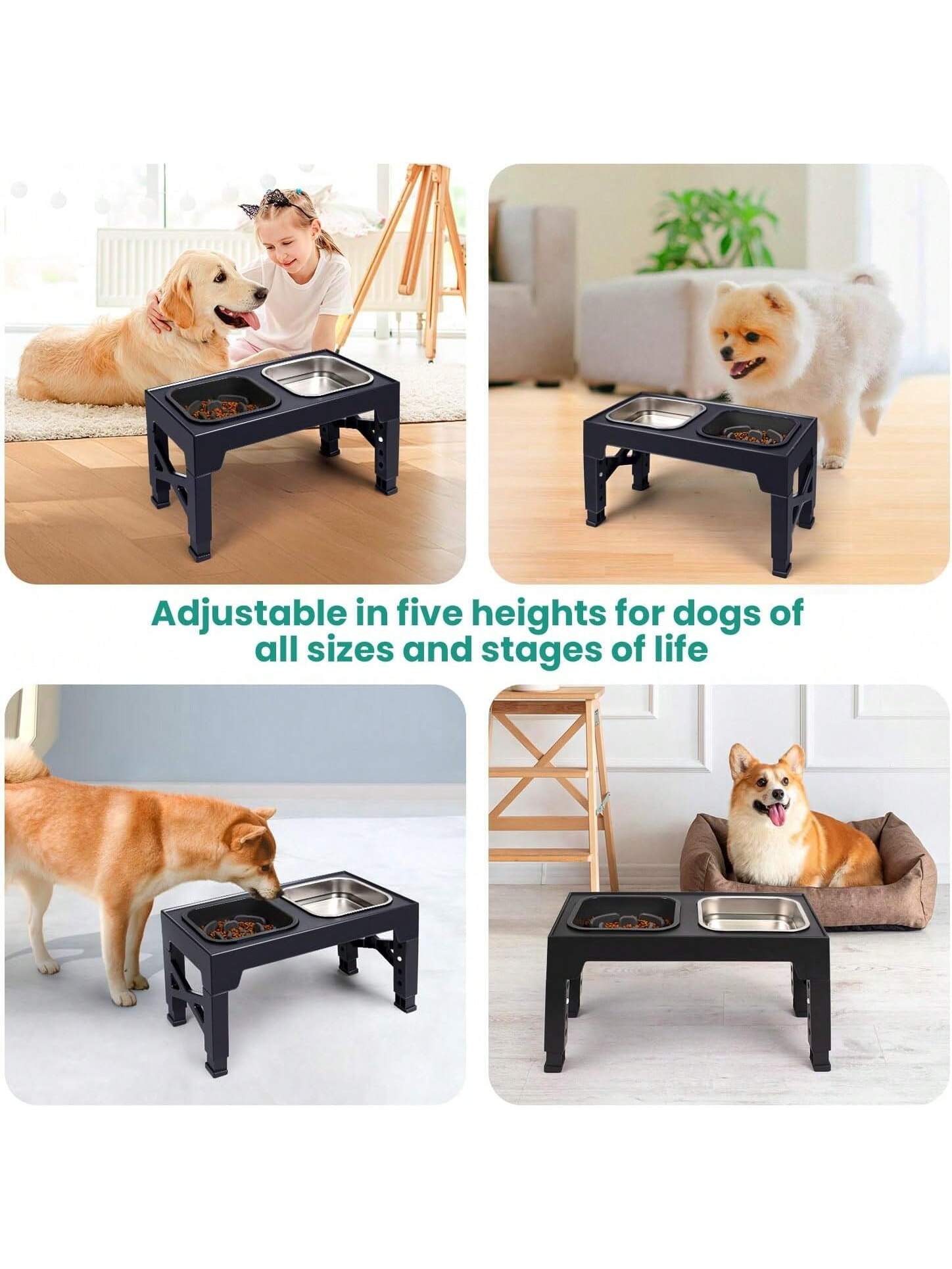 Niubya Elevated Dog Bowls With 2 Stainless Steel Dog Food Bowls, Raised Dog Bowl Adjusts To 5 Heights (3.15", 8.66", 9.84",11.02", 12.2") For Small Medium And Large Dogs