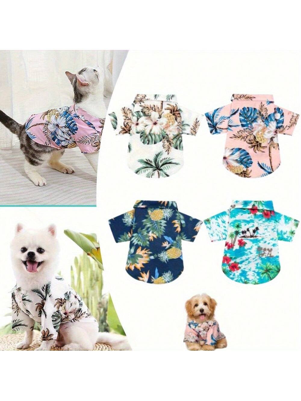 4 Pieces Pet Dog Hawaiian Costume Includes Puppy Cool T-Shirts Summer Clothes Funny Cute Hawaiian Beach Coconut Tree Print Dog Shirt Summer Camp Shirt Clothes For Medium To Large Pet