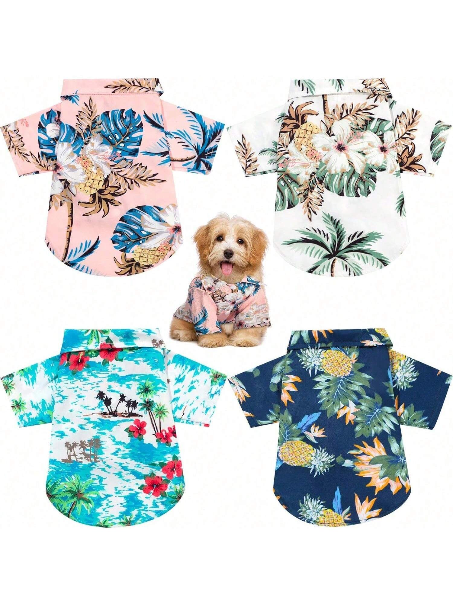 4 Pieces Pet Dog Hawaiian Costume Includes Puppy Cool T-Shirts Summer Clothes Funny Cute Hawaiian Beach Coconut Tree Print Dog Shirt Summer Camp Shirt Clothes For Medium To Large Pet