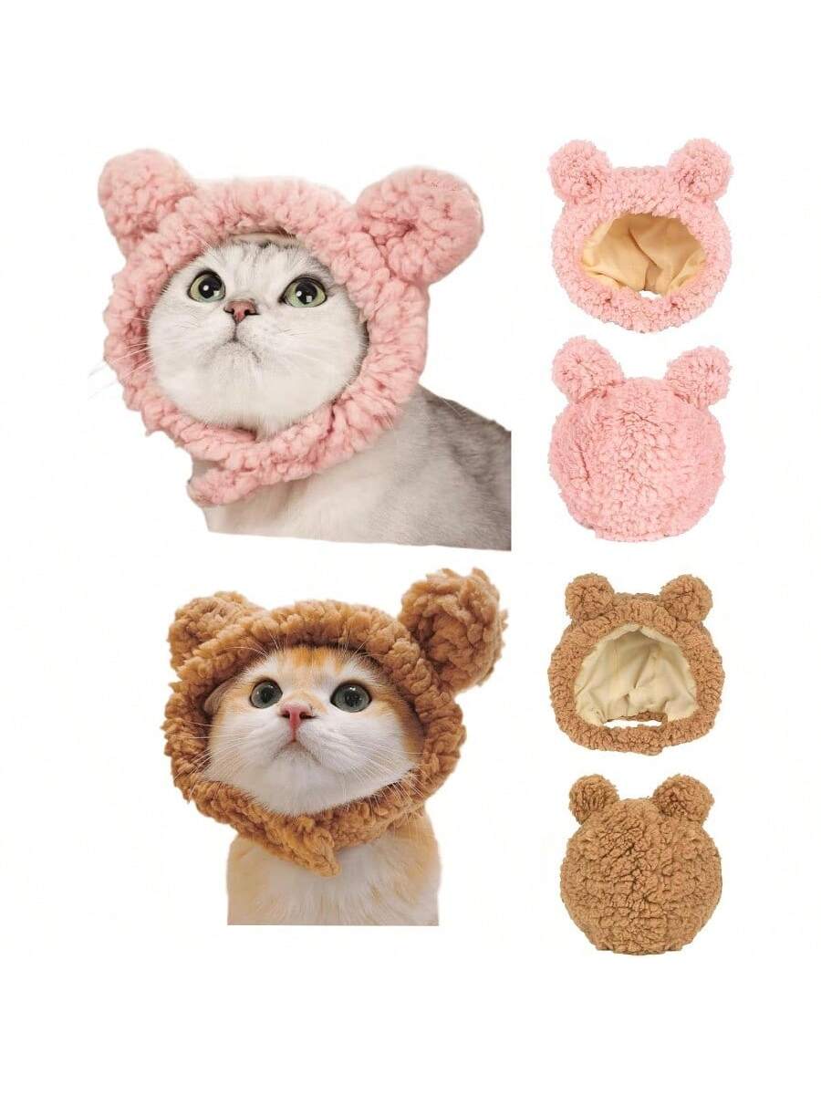 CGLLCute Pet Headwear2 Pcs Cat Warm Hat Adjustable Cat Costume Bear HatWinter Pet Headwear For Cats Small Dogs Cute Cat Clothing Accessories Dress Up Valentines Party Birthday Theme Fits Cats Small Dogs Brown Pink LHCG5102