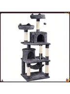 62.5" Tall Double Condo Cat Tree And Scratching Post Tower, Dark Gray
