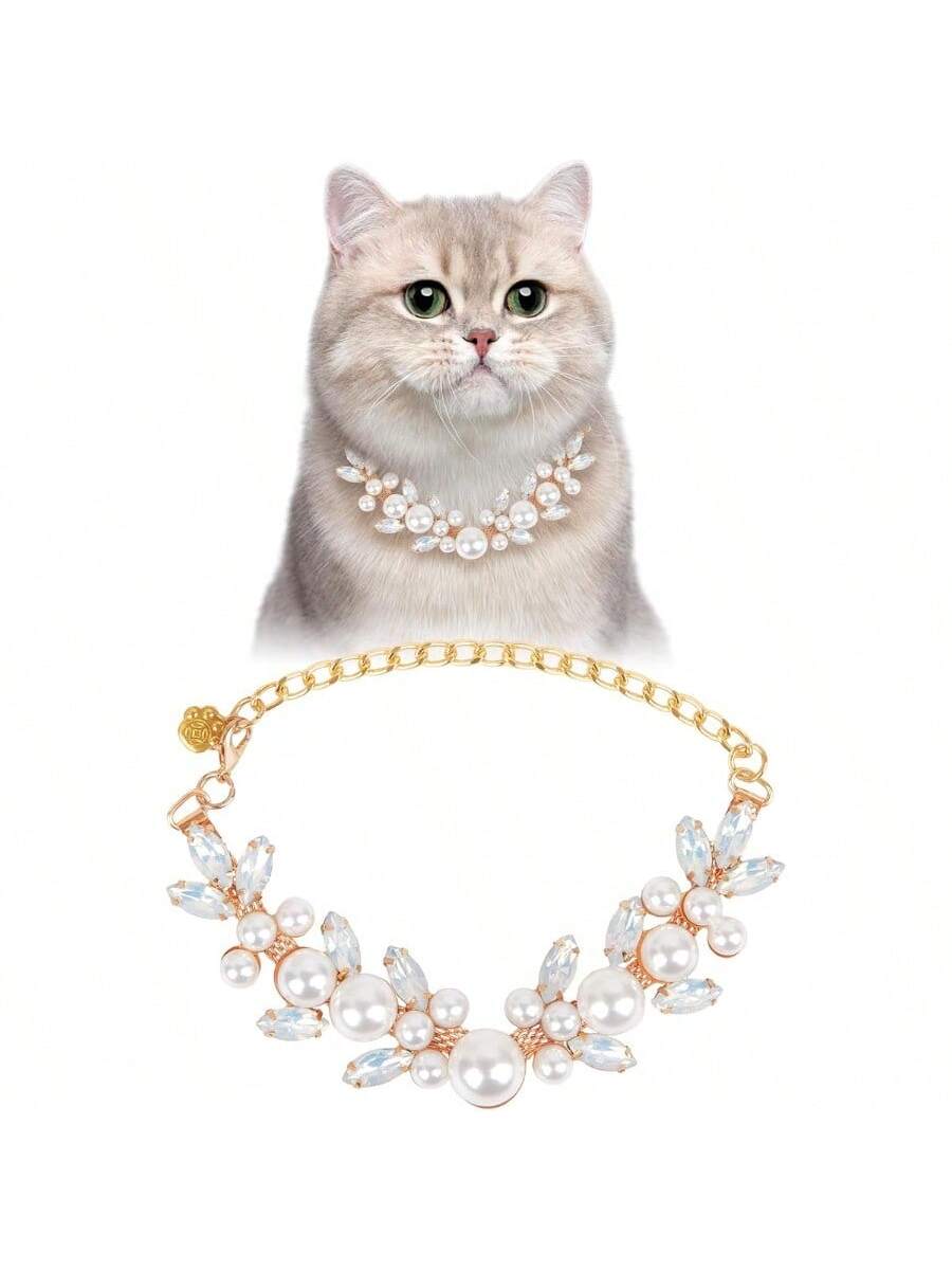 CGLLCute Cat And Dog NecklaceDog Cat Pearl Collars With Cute Pet Paw Gold Chain Stainless Steel Collars Necklace Adjustable Collar Dog Chain Cat White Pearl Pet Collar White S LHCG5102