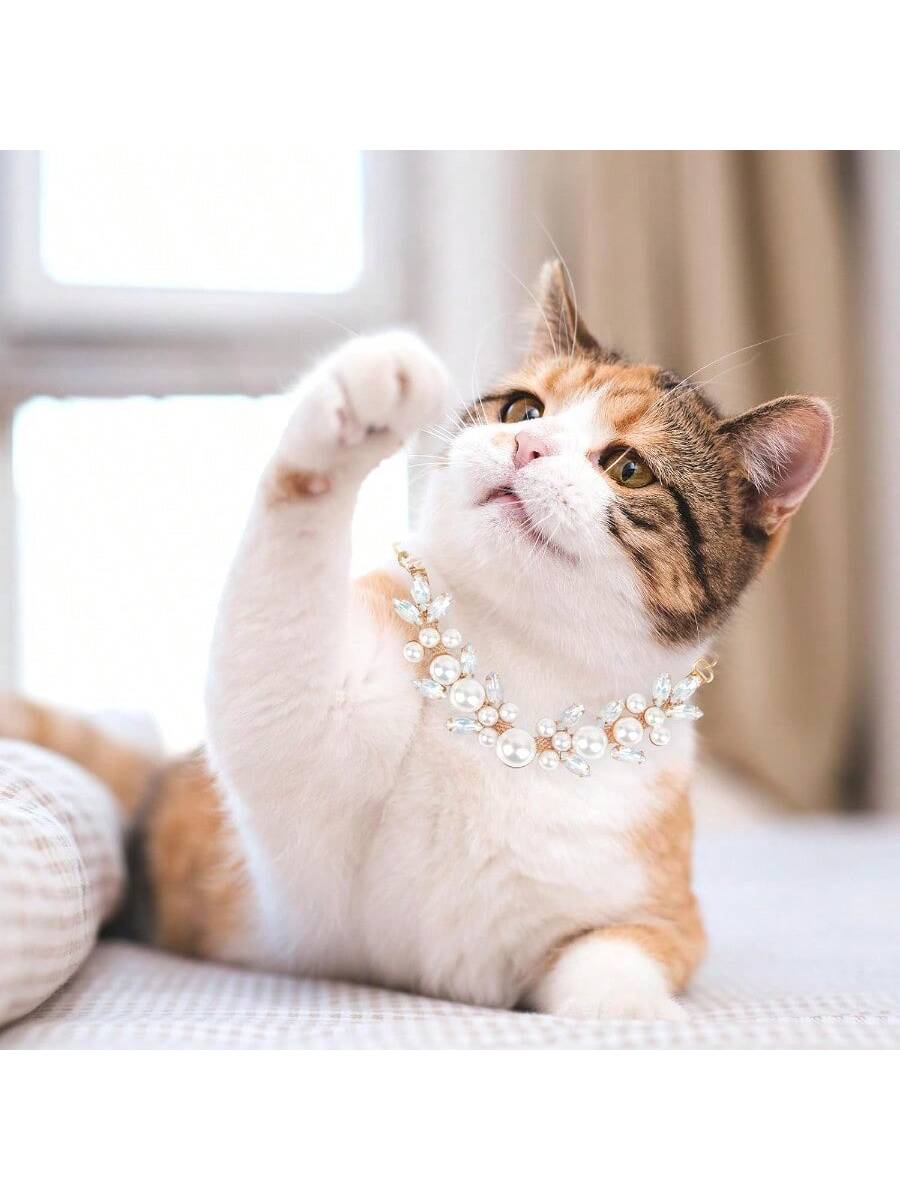 CGLLCute Cat And Dog NecklaceDog Cat Pearl Collars With Cute Pet Paw Gold Chain Stainless Steel Collars Necklace Adjustable Collar Dog Chain Cat White Pearl Pet Collar White S LHCG5102