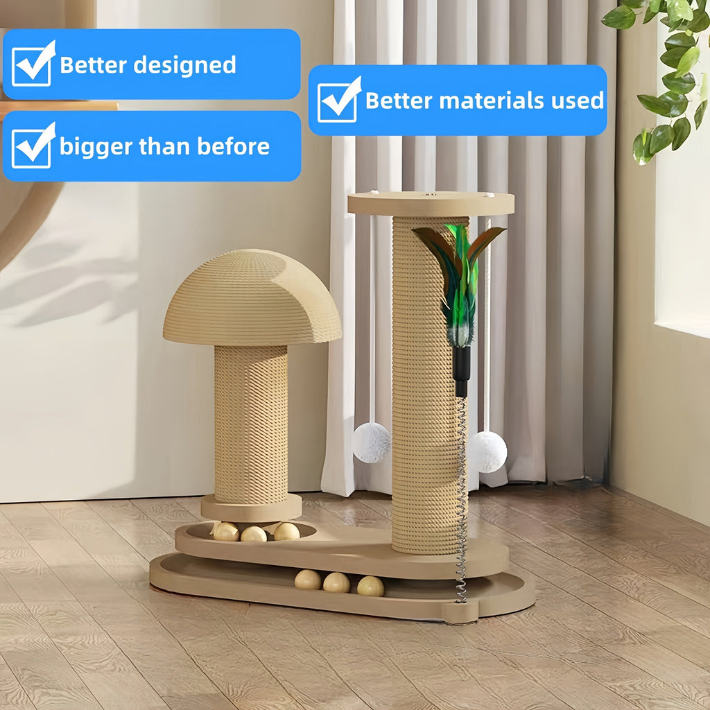 Compact Cat Tree with Sisal Scratching Post, Mushroom Hideaway, Track Balls and Small or Large Size Options