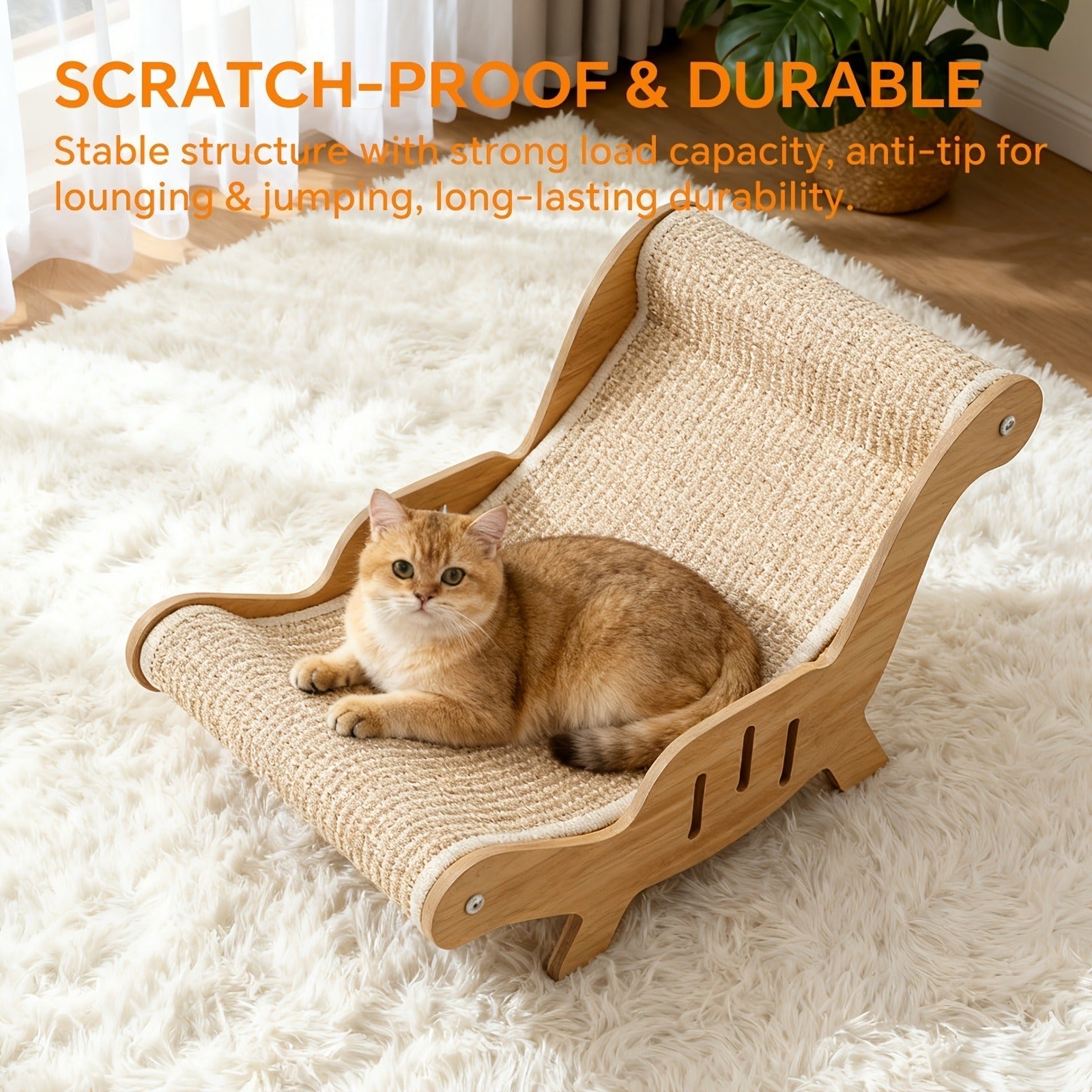Curved Cat Lounger Chair with Wood Side Frame, Raised Feet and Continuous Beige Woven Sisal Surface