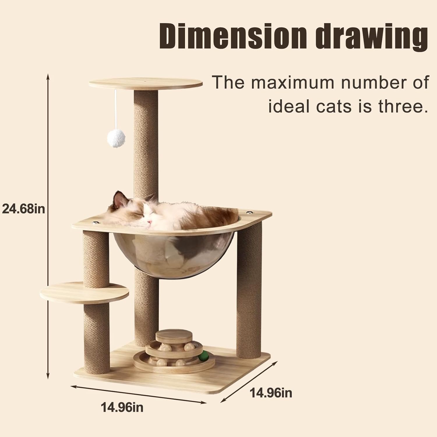 Indoor Cat & Kittens Multi-Level Climbing Activity Tower with Scratching Posts, Selected Wood and Sisal，Cat Tree Large (24.7inH) -cat House Beige