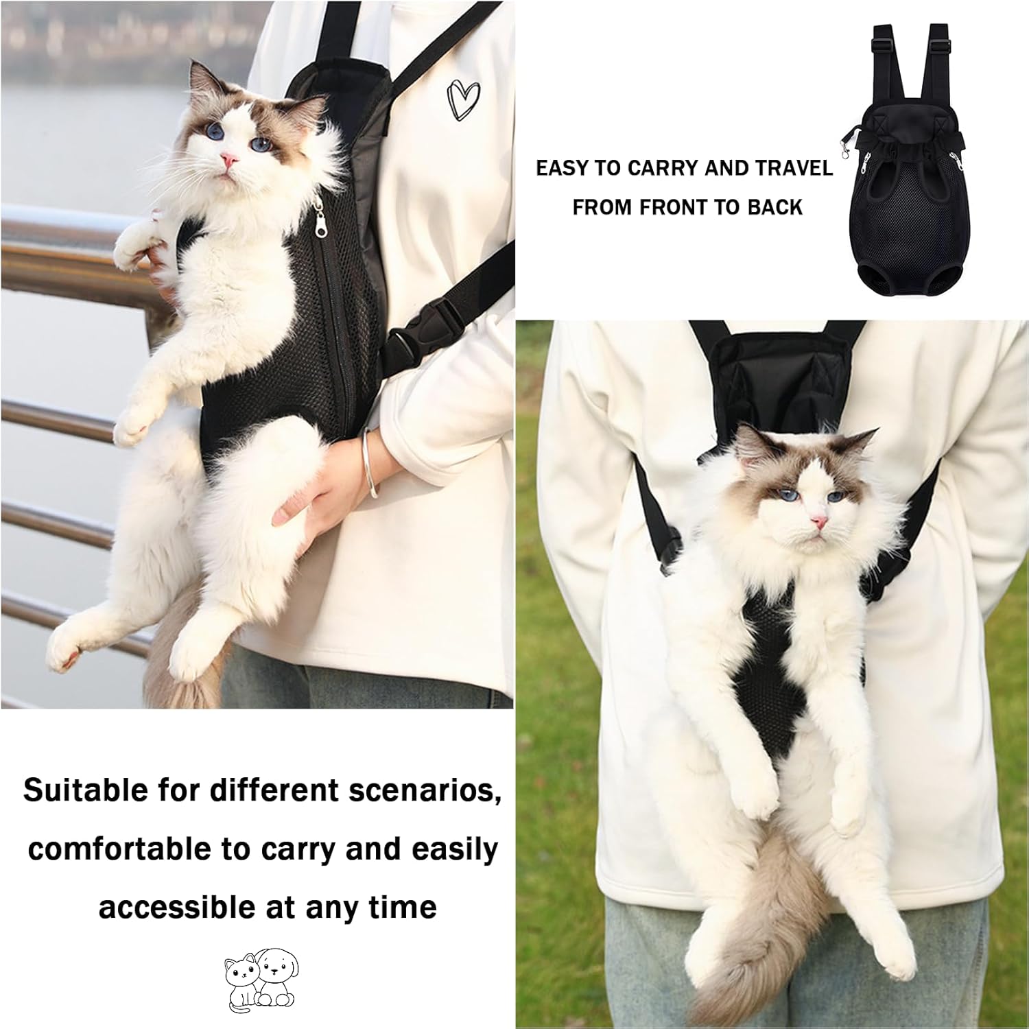 Pet Carrier Backpack, Adjustable Pet Front Carriers for Small Medium Dogs Cats 5-18 Lbs, Legs Out, Dog Cat Carrier Backpack for Hiking,Camping,Traveling,Cycling (Black,Large（Fit:10-18lb）)