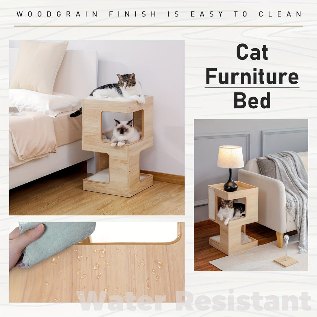 23.6-Inch Wood-Look Cat Tree Bed with Three Levels, Removable Soft Mats and Brown Finish for Indoor Cats
