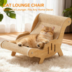 Curved Cat Lounger Chair with Wood Side Frame, Raised Feet and Continuous Beige Woven Sisal Surface